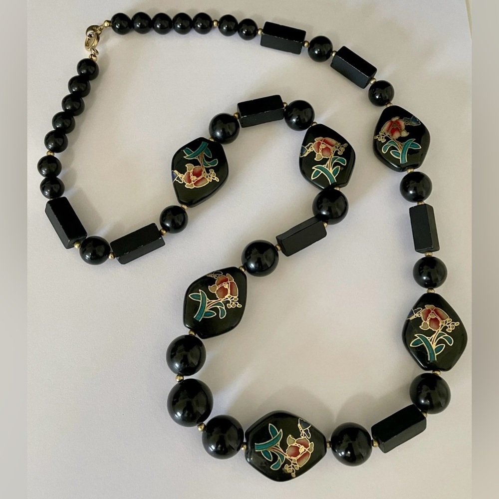 Vintage Japanese Floral Enamel Black Bead Wood & Acrylic Necklace 30"